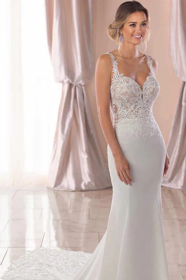 Lace Straps Court Train Mermaid Ivory Wedding Dress